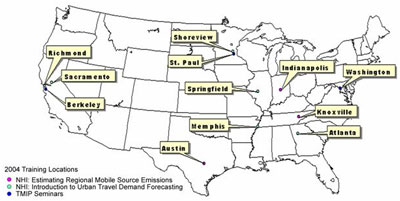 Map that highlights the training locations in fiscal year 2004.