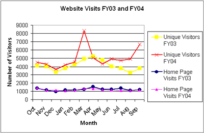 Chart that indicates the level of web site activity for fiscal years 2003 and 2004.