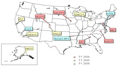 US map that highlights the locations of peer reviews from fiscal years 2004, 2005, and 2006. FY04: DRCOG, Iowa DOT, ARC, BMC, and NCDOT. FY05: MTC, SANDAG, AMATS, PPACG, and SEMCOG. FY06: SCAG, Memphis MPO, and NJTPA.