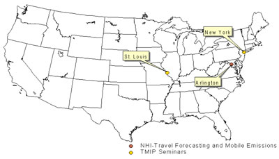 US map showing fiscal year 2006 training locations. TMIP Seminars: St. Louis, MO and New York, NY. NHI Course: Arlington, VA.