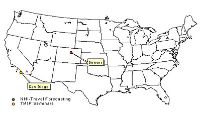 US map showing fiscal year 2007 training locations. TMIP Seminars: San Diego, CA. NHI Course: Denver, CO.