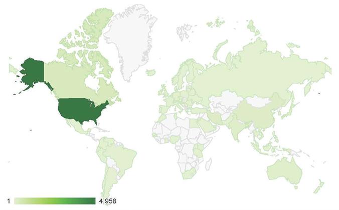 Map illustrating TMIP Online Community of Practice site visits by country. The United States has the highest constituency, with over 4,900 visits. Countries throughout North America, Europe, Eastern Asia, and Australia show significant numbers of visits, as well as smaller portions of South America and Africa.