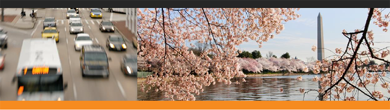 Cover Image: Traffic moving in one direction (toward the viewer) on a three-lane highway road, with traffic entering the roadway from the left. 2nd image: the Washington Monument in Washington, D.C. In both the foreground and background are cherry blossom trees. A body of water can be seen between the cherry blossom trees in the foreground and the trees in the background