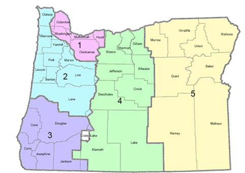 Title: ODOT Transportation Regions and Counties - Description: This map displays the State of Oregon's five transportation regions. Each region also includes the counties contained therein. (Lists of counties are in the bullet list preceding this image.)