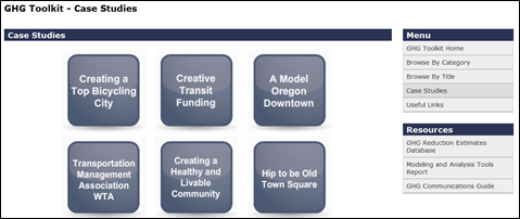 Title: GHG Toolkit Case Studies Menu - Description: Illustrates the "Case Studies" menu of the GHG toolkit. Interface includes icons representing different case studies that users select from. On the right-hand side, a menu and resources bar includes additional search options and resources.