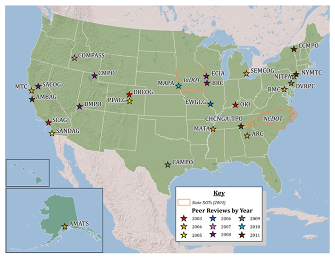 Title: Figure 2 TMIP Peer Reviews by Geography - Description: TMIP_Map_v3.jpg showing TMIP Peer Review locations. Click image for list of agencies and states.