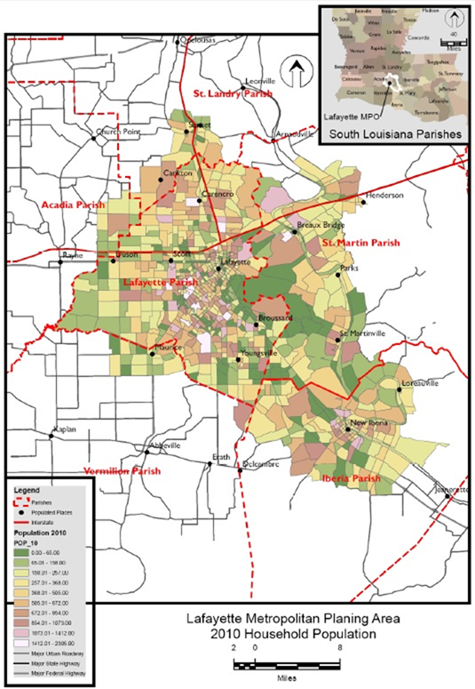 Title: AMPO Regional Boundary and Household Population - Description: The figure shows a map of the AMPO region. In the middle of AMPO is Lafayette. Just to the north of Lafayette is a major East-West interstate and the termination of a North-South interstate. A call-out box shows the location of AMPO within the State of Lousiana. AMPO is located in south central Lousiana.