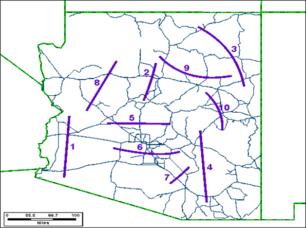 Screenline Locations in Arizona - Description: This figure overlays the screenline locations stated in Table 2 on a map of Arizona.
