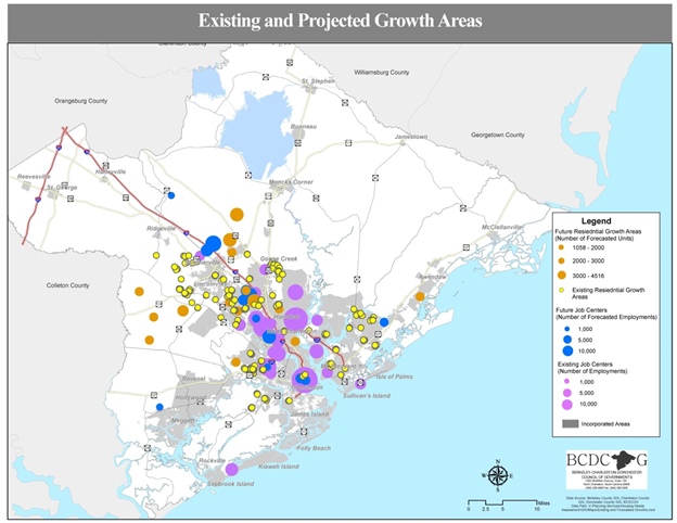 Title: Figure 2-2: BCDCOG Existing and Projected Growth Areas - Description: Figure 2-2 identifies the location and size of existing and forecast job centers and residential growth areas in the BCDCOG region. The existing job areas are concentrated along the I-26 and I-526 corridors. The existing residential growth areas are to the northwest, and east and west of the Charleston penninsula. Future job centers are primarily along the I-26 corridor, but extend further to the northwest than the existing incorporated areas. Future residential growth areas are dispersed further to the north and west of the existing incorporated areas.