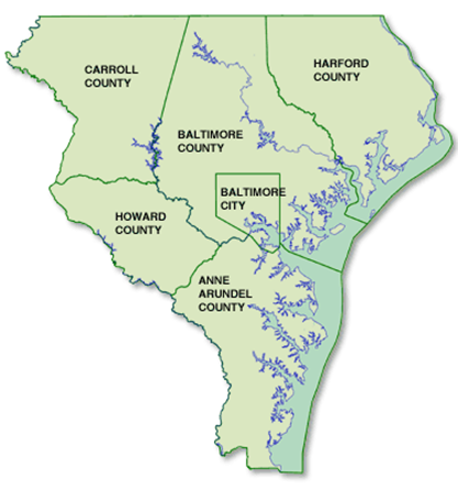 Title: Figure 2-1: Baltimore Regional Transportation Board (BRTB) MPO Area (source: Baltimore Metropolitan Council website, available at: http://www.baltometro.org/about-the-region/map) - Description: The figure shows Baltimore Regional Transportation Board (BRTB) MPO Area. Specifically, boundaries of Baltimore City, Baltimore County, Anne Arundel County, Carroll County, Harford County, and Howard County are presented in the figure.