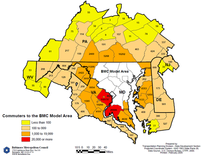 Title: Figure 2-3: Commuters to Baltimore Model Area (data source: U.S. Census Bureau, CTPP 2000. The figure is available at: http://www.baltometro.org/images/stories/BMC_CommuteShed.pdf) - Description: This figure shows county-level commuters flow to the BMC model area from its surrounding area such as Washington DC, and part of Virginia, Maryland, Delaware, New Jersey, Pennsylvania, and West Virginia for the model year 2000. Commuters flow volumes are presented in the figure. In addition, commuters are grouped into 4 categories and each category is represented by a different color. The categories are: less than 100; 100 to 999; 1,000 to 19,999; and 20,000 or more. The figure indicates that BMC model area attracts more commuters from counties that share boundaries with the model area relative to from counties that do not share boundaries with the model area. 