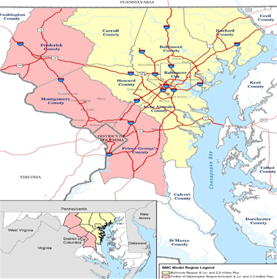 Title: Figure 3-1: BMC's Trip-Based Transportation Modeling Area - Description: This figure presents BMC's trip-based model area. Specifically, cities and counties that are included in the BMC's trip-based model are shown in the figure. Cities and Counties in the Baltimore region such as Baltimore City, Baltimore County, Carroll County, Harford County, Howard County, and Anne Arundel County are represented in one color (yellow), while Washington DC and portion of Maryland that are located outside the Baltimore region (such as Frederick County, Montgomery County, and Prince George's County) are represented in another color (pink).