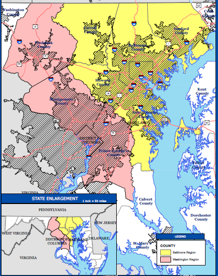 Title: Figure 2-1: Baltimore and Washington Region Urban Areas - Description: Figure 2-1 shows the counties making up the Baltimore planning region and the Washington planning region. The urbanized area in this region is a swath running from the south west to the north east through both Washington DC and the city of Baltimore. 