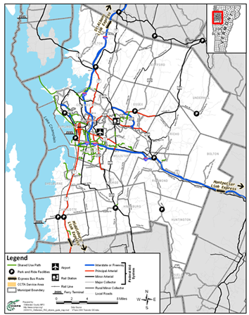 The figure provides a map of the Chittenden County Transportation System including highway, rail, air, transit, and shared use path modes of transportation