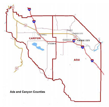 map showing Ada and Canyon counties
