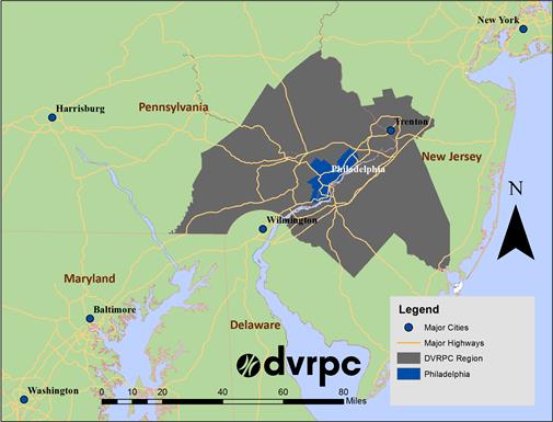 Figure 2-1 depicts DVPRCâ€™s geography with respect to its surrounding areas. The region includes the southeast portion of Pennslyvania, and extends into western New Jersey, including areas as far North in New Jersey as Trenton. Wilmington, DE and southern New Jersey lie just to the south of the DVRPC region, Baltimore, MD and Washington D.C. lie to the southwest, Harrisburg, PN to the west, and New York City to the northeast.