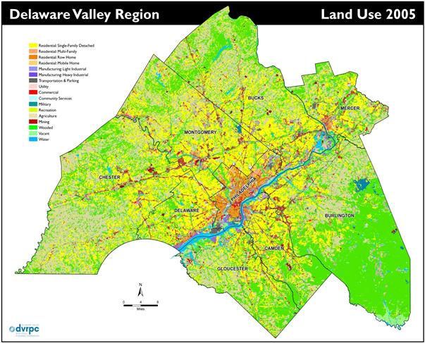 Figure 2-2 depicts the spatial distribution of land use categories across the DVRPC region. Development is centered in Philadelphia, and development intensity decreases as one moves from the city core to the outer reaches, with pockets of development paralleling the regionâ€™s major corridors. Much of the regionâ€™s periphery is used for agriculture or is otherwise vacant.