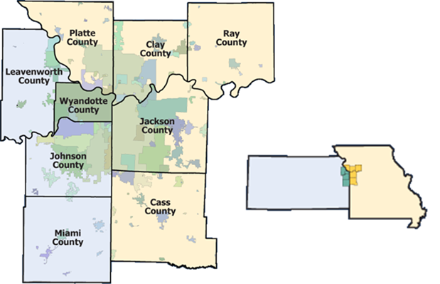 The figure depicts the county delineations of the MARC region, including the Counties of Leavenworth, Wyandotte, Johnson, and Miami in Kansas and the Counties of Platte, Clay, Jackson, Cass, and Ray in Missouri. The figure also shows the relative location of the region in a insert showing the entirety of the states of Kansas and Missouri.