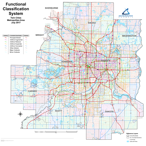 The figure depicts the geography of the Met Council region. It shows the locations of various bodies of water in the region and it shows the boundaries of seven counties, including Anoka, Washington, Hennepin, Ramsey, Carver, Scott, and Dakota. It also includes the roadway network. The roadway network is differentiated by function classification, including principal arterials, minor augmentors, minor relievers, minor expanders, minor connectors, other arterials, major collectors, and minor collectors.