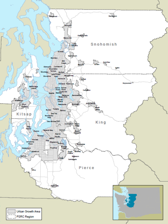 Figure 2-1 depicts the PSRC geography, including King County, with the city of Seattle in the western part of the county, Snohomish County in the north of the region, Pierce County in the south of the region, and Kitsap County, which is across Puget Sound from Seattle. The figure also depicts areas of urban growth, with growth being concentrated centrally in Seattle and to the noral and south of the city.