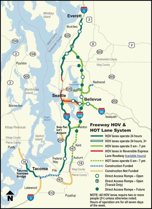 Figure 2-2 depicts the managed lane facilities of the region. I-5 has HOV lanes across the Tacoma Narrows Bridge in the south of the region, from the southern border of King County (north of Tacoma) to Seattle, and from north of Seattle to Everett. Additional HOV lanes, which only operate from 5am to 7pm, exist on I-405, which breaks from I-5 near the Seattle-Tacoma Airport in the south, travels through Bellevue (east of Seattle), and connects back with I-405 at a point south of Everett. I-90, and east-west highway, from downtown Seattle through Bellevue and to the east also has managed lanes, including portions with reversible lanes. HOT lanes exist on highway 167, south of Bellevue.