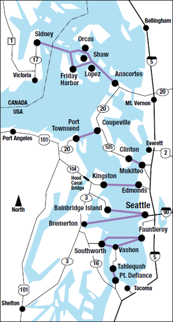 Figure 2-3 depicts the region's extensive ferry network. All of the ferries primarly run in the east-west direction. Ferry routes depicted include the following, listed from south to north: 1) Tahlequah-Port Defiance in southern Puget sound. 2) Southworth-Vashon-Fauntleroy. 3) Bremerton-Seattle. 4) Bainbridge Island-Seattle. 5) Kingston-Edmonds. 6) Clinton-Mukilteo. 7) Port Townsend-Coupeville. 8) Sidney-Orcas-Friday Harbor-Anacortes in the north.