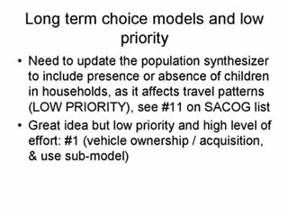 Long term choice models and low priority: Need to update the popoulation synthesizer to include presence or absence of children in households, as it affects travel patterns (LOW PRIORITY), see #11 on SACOG list; Great idea but low priority and high level of effort - #1 (vehicle ownership/acquisition, and use sub-model).