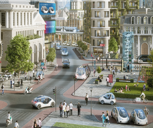 The picture depicts narrowed streets; wide sidewalks; transit including a subway station and an automated mini-bus; pedestrian, bicycle, and scooter activity; and small passenger cars of uniform design.