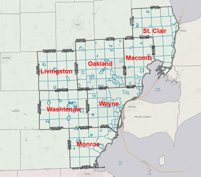 The figure depicts the SEMCOG geography, and shows the boundaries of the seven counties, including St. Clair, Livingston, Washtenaw, Monroe, Oakland, Macomb, and Wayne Counties.  On the border of the SEMCOG region to the east lies Lake Erie, Lake St. Clair, Lake Huron, and Ontario, Canada.
