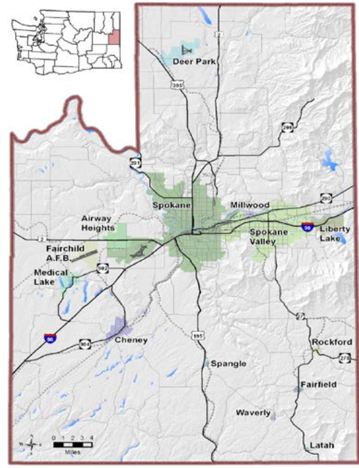 Figure 1 depicts SRTC's geography including the major highways through the region, and its location within the State of Washington. I-90 is the main East-West corridor traversing the region. SRTC is located in Eastern Washington and borders Idaho. 