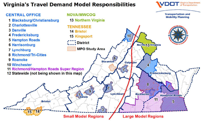 Figure 2-2 is a map of Virginia, depicting the model areas for all of the transportation models used by the state and MPOs. VDOT maintains 12 models in total, including the statewide model, a super region model of the Richmond/Hampton area, and regional models for Blacksburg/Christiansburg (southwest VA), Charlottesville (central VA), Danville (southern VA), Fredericksburg (northeast VA), Hampton Roads (southeast VA), Harrisonburg (north central VA), Lynchburg (west central VA), Richmond/Tri-Cities (east central VA), Roanoke (western VA), and Winchester (northern VA). In addition, the Northern Virginia / Washington D.C. MPO maintains their own model, also depicted in the figure and the state of Tennessee maintains two models the include portions of far western Virginia (for Bristol and Kingsport).