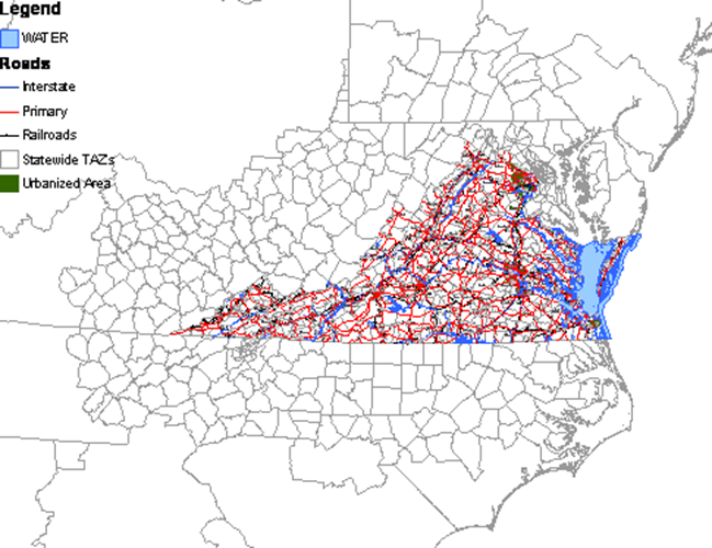 Figure 3-1 depicts the modeling zones of the statewide model, including the whole of the state of Virginia and counties external to the state, including the vast majority of North Carolina, Maryland, and West Virginia counties, a large number of counties in eastern Kentucky and Tennessee, and parts of Delaware and Pennsylvania. In addition, the highway network within the state of Virginia is depicted.
