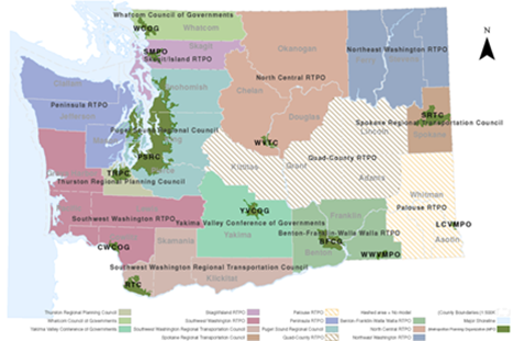 Title: Figure 1: Map of Washington Planning Regions - Description: Map of planning regional bodies including Metropolitan Planning Organizations (MPOs) and Regional Transportation Organizations (RTPOs) within the state of Washington, including: Thurston Regional Planning Council, Whatcom Council of Governments , Yakima Valley Conference of Governments , Skagit Metropolitan Planning Organization , Southwest Washington RTPO, Southwest Washington Regional Transportation Council, Spokane Regional Transportation Council, Palouse Regional Transportation Planning Organization , Peninsula Regional Transportation Planning Organization, Puget Sound Regional Council , Quad-County Regional Transportation Planning Organization, Benton-Franklin Council of Governments , North Central RTPO, Northeast Washington Regional Transportation Planning Organization