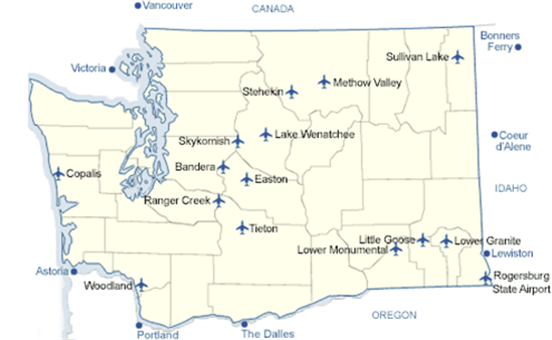 Title: Figure 2: Washington State-Managed Airports - Description: Map of Washington's sixteen state managed airports, including: Sullivan Lake, Methow Valley, Stehekin, Skykomish, Copalis, Woodland, Ranger Creek, Bandera, Rogersburg, Lower Granite, Little Goose, Lake Wenatchee, Easton, Tieton, and Lower Monumental State Airports.