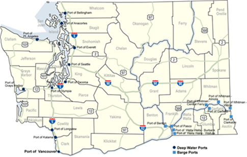 Title: Figure 3: Washington State Ports - Description: Map of deep water and large barge ports in Washington. Deep water ports include: 1. Port of Bellingham, 2. Port of Anacortes , 3. Port of Everett , 4. Port of Seattle, 5. Port of Tacoma, 6. Port of Olympia, 7. Port of Pt. Angeles, 8. Port of Gray's Harbor, 9. Port of Longview, 10. Port of Kalama, 11. Port of Vancouver, Large barge ports include: 1. Port of Benton, 2. Port of Pasco, 3. Port of Walla Walla Burbark, 4. Port of Walla Walla Wallula, 5. Port of Clarkston, 6. Port of Whitman-Wilma, 7. Port of Whitmen-Almota, 8. Port of Whitman Central Ferry , 9. Port of Garfield