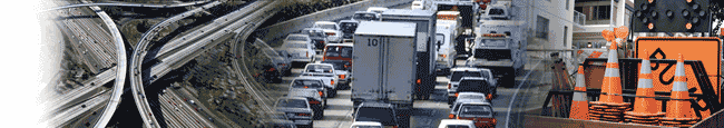 photo collage of an arial view of roadway, heavy traffic on roadway, and orange traffic cones stacked up.
