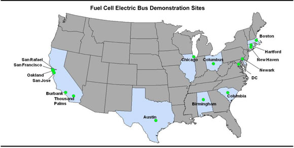 Fuel Cell Electric Bus Demonstration Sites. An outline map of the 48 contiguous United States shows the locations of fuel cell electric bus demonstration sites. Six sites are located in California: San Rafael, San Francisco, Oakland, San Jose, Burbank, Thousand Palms. Two sites are located in Connecticut: Hartford and New Haven. The remaining sites are Boston, Massachusetts; Newark, New Jersey; Washington, D.C.; Columbus, Ohio; Chicago, Illinois; Columbia, South Carolina; Birmingham, Alabama; and Austin Texas.
