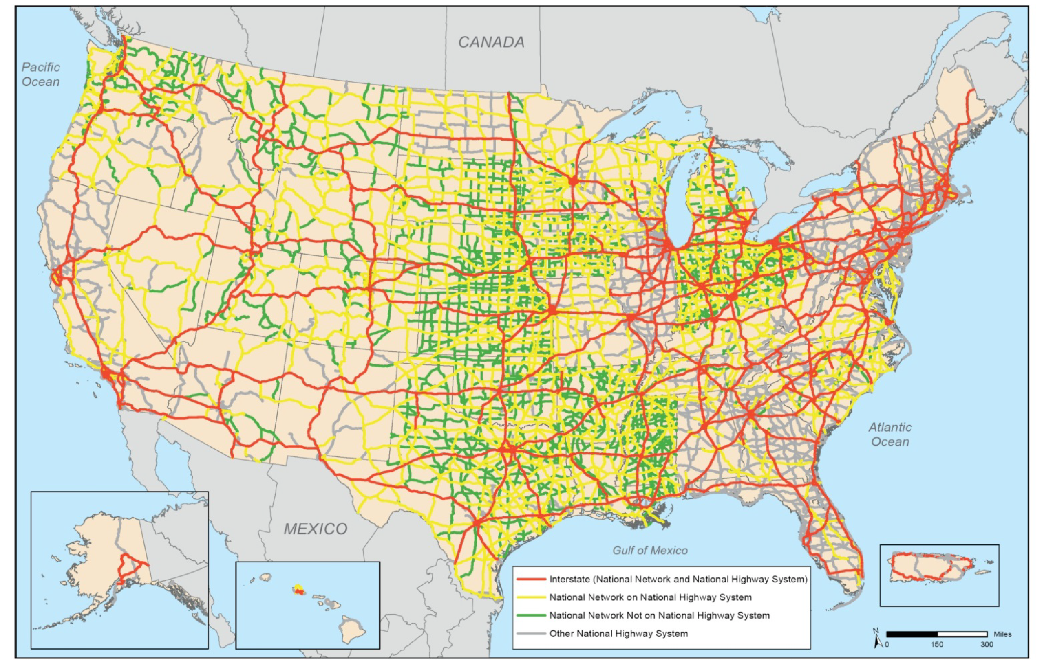 An outline map of the 48 contiguous states and insets for Alaska and Hawaii show the routes for freight by mode. The Interstate network is most densely developed in the eastern to Midwestern portion of the continental U.S. and southeastern portion of Alaska. The National Network on the National Highway System is most densely developed in the mid-Atlantic states, the Great Lakes states, and the Great Plains states to the Gulf of Mexico. The National Network not on the National Highway System is most densely developed in Ohio and Indiana, and in the Great Plains states to the Gulf of Mexico. The other National Highway System routes are most densely developed along the east coast to the Gulf of Mexico and on the west coast. Source: U.S. Department of Transportation, Federal Highway Administration, Office of Freight Management and Operations, Freight Analysis Framework, version 3.4, 2013.