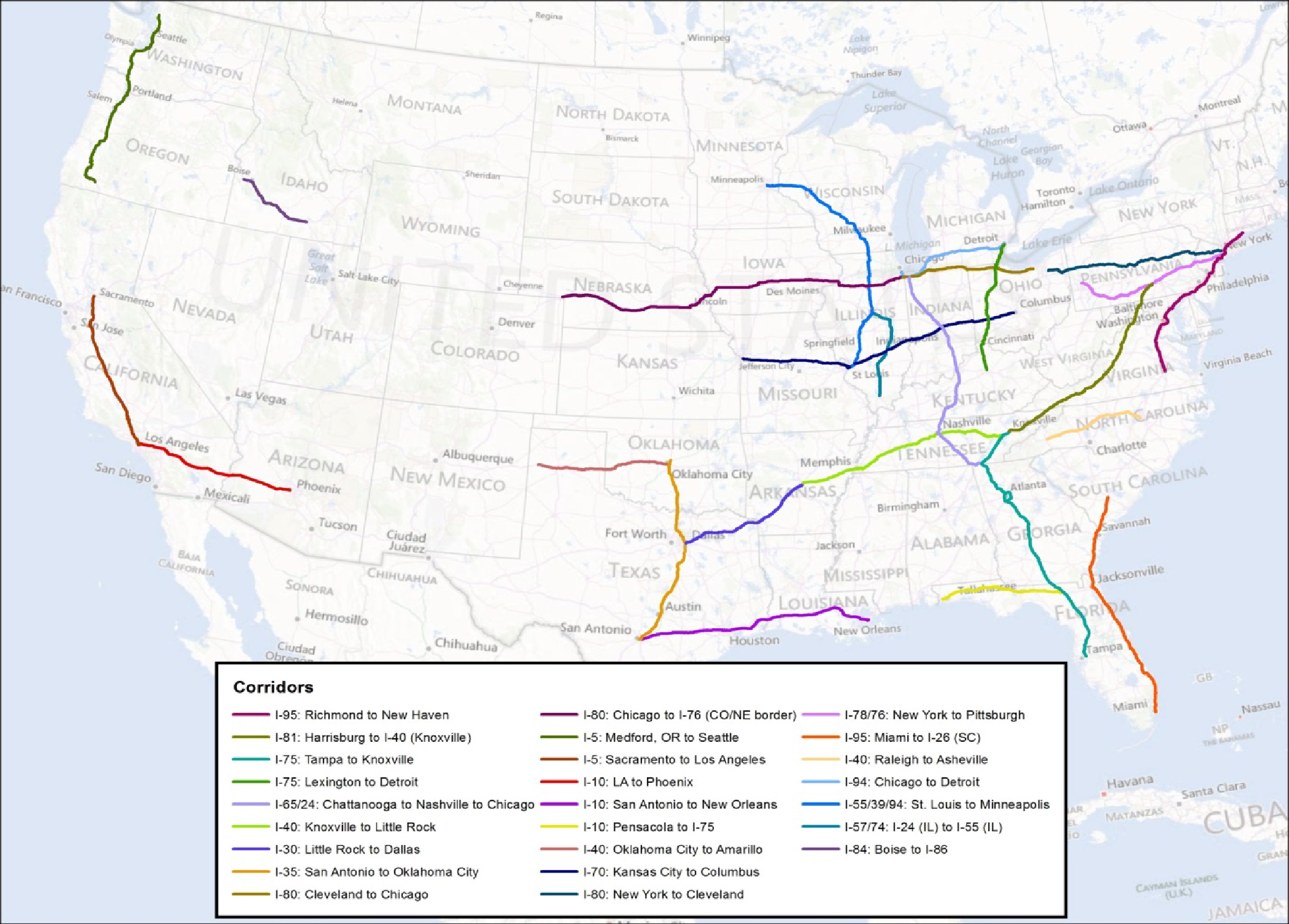 An outline map of the 48 contiguous states show the top 25 domestic freight corridors for 2012, labeled on the map by color. I-95 from Richmond, VA to New Haven, CT is indicated by a magenta line. I-81 from Harrisburg, PA to I-40 (Knoxville, TN) is indicated by an olive green line. I-75 from Tampa, FL to Knoxville, TN is shown as a teal line. I-75 from Lexington, KY to Detroit, MI is indicated by a green line. I-65/24 from Chattanooga, TN to Nashville, TN to Chicago is indicated by a lavender line. I-40 from Knoxville, TN to Little Rock, AR is indicated by a lime green line. I-30 from Little Rock, AR to Dallas, TX is indicated by a purple line. I-35 from San Antonio, TX to Oklahoma City, OK is indicated by an orange line. I-80 from Cleveland, OH to Chicago, IL is indicated by a yellow/brown line. I-80 from Chicago, IL to I-76 (Colorado/Nebraska border) is indicated by a magenta/purple line. I-5 from Medford, OR to Seattle, WA is indicated by a dark green line. I-5 from Sacramento, CA to Los Angeles, CA is indicated by a dark red line. I-10 from Los Angeles, CA to Phoenix, AZ is indicated by a bright red line. I-10 from San Antonio, TX to New Orleans, LA is indicated by a light purple line. I-10 from Pensacola, FL to I-75 is indicated by a bright yellow line. I-40 from Oklahoma City, OK to Amarillo, TX is indicated by a brown line. I-70 from Kansas City, MO to Columbus, OH is indicated by a darker purple/blue line. I-80 from New York to Cleveland, OH is indicated by a dark teal line. I-78/76 from New York to Pittsburgh, PA is indicated by a pink line. I-95 from Miami, FL to I-26 (South Carolina) is indicated by a burnt orange line. I-40 from Raleigh, NC to Asheville, NC is indicated by a dark yellow line. I-94 from Chicago, IL to Detroit, MI is indicated by a light blue line. I-55/39/94 from St. Louis, MO to Minneapolis, MN is indicated by a turquoise line. I-57/74 from I-24 (Illinois) to I-55 (Illinois) is indicated by a light teal line. Finally, I-84 from Boise, ID to I-86 is indicated by a dull purple line. Source: FHWA Freight Management and Operations, Freight Analysis Framework and Freight Performance Measure Program, 2014.