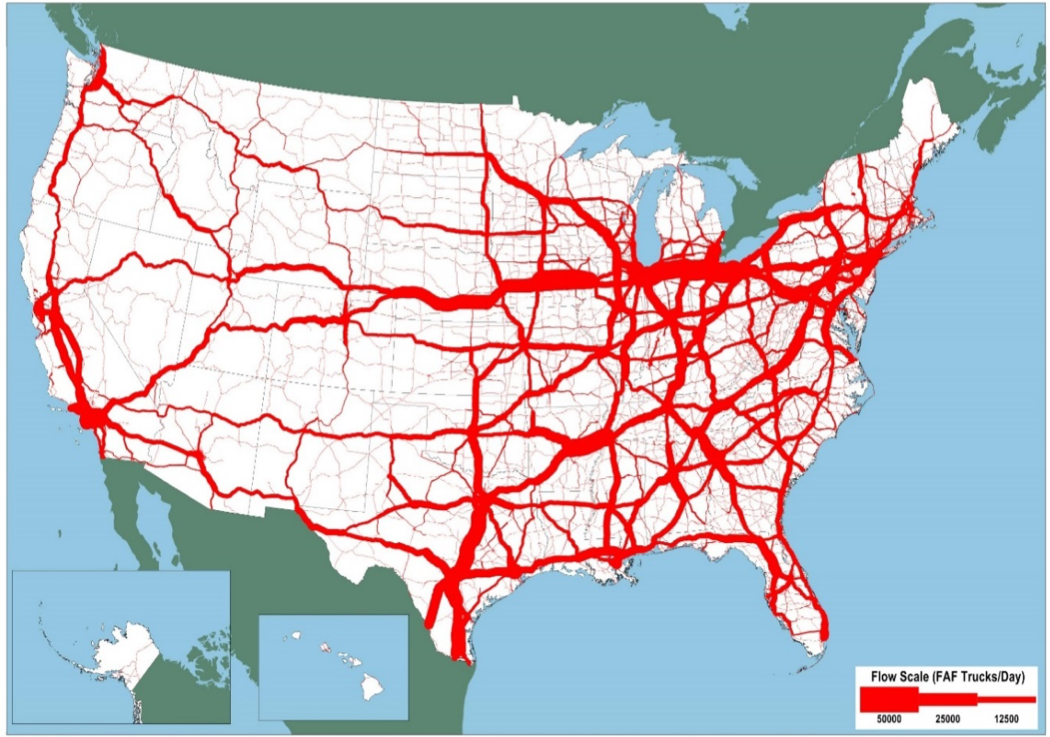 An outline map of the 48 contiguous States and insets for Alaska and Hawaii show the projected Interstate and nonInterstate routes for freight on the National Highway System in 2045. Freight volume is indicated by line thickness for 50,000 trucks per day, 25,000 trucks per day, and 12,500 trucks per day. Overall volume is projected to increase for Interstates in all regions. The Interstates with the highest volume per day are projected to continue to run primarily from Massachusetts to Texas, from Ohio to Tennessee, and from Illinois to neighboring states. The Interstates with 25,000 trucks per day are projected to run mainly across the southwestern States, across the Great Plains States, and along the Pacific and Atlantic coasts. The Interstates with 12,500 trucks per day are projected to run mainly through the Great Plains States. Non-Interstate highway system routes are projected to continue to have the highest volume in California. Source: USDOT, FHWA Office of Freight Management and Operations, Freight Analysis Framework, version 4.3, 2017.