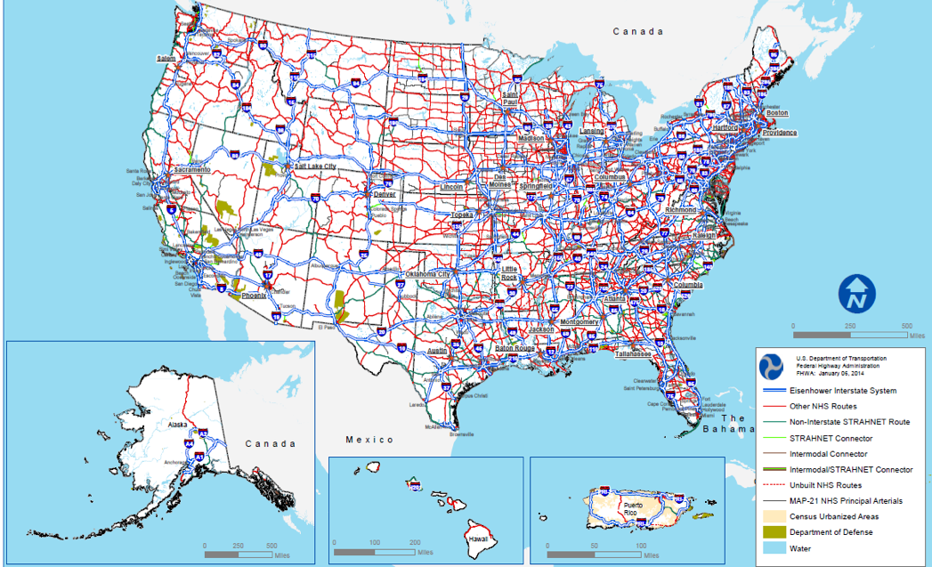 An outline map of the 48 contiguous states and insets for Alaska, Hawaii, and Puerto Rico show the individual routes, systems, and connectors that encompass the National Highway System. These include: The Eisenhower Interstate System, The Non-Interstate STRAHNET Route, The STRAHNET Connector, The Intermodal Connector, The Intermodal/STRAHNET Connector, Unbuilt NHS Routes, Other NHS Routes, and MAP-21 NHS Principal Arterials. The map also highlights Census Urbanized Areas and Department of Defense Areas. NHS roads stretch across the entire United States, but are most concentrated on the eastern half.