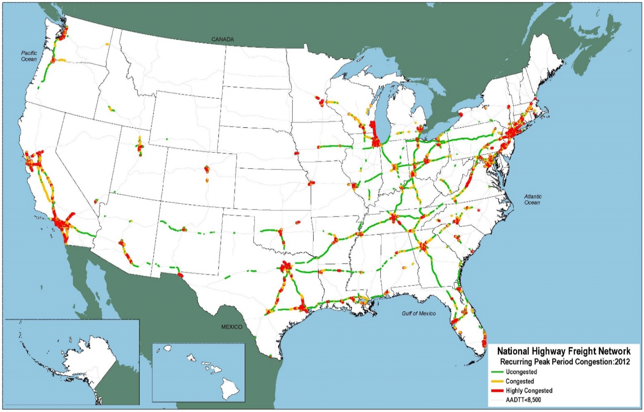 An outline map of the 48 contiguous States and insets for Alaska and Hawaii show areas of recurring peak period congestion solely for high volume truck portions on the NHFN in 2012, organized by uncongested, congested, or highly congested. Recurring peak period congestion occurs mostly in the Northeast region of the United States. Highly congested areas are primarily located in States such as New Jersey, New York, Connecticut, California, Texas, and Illinois.