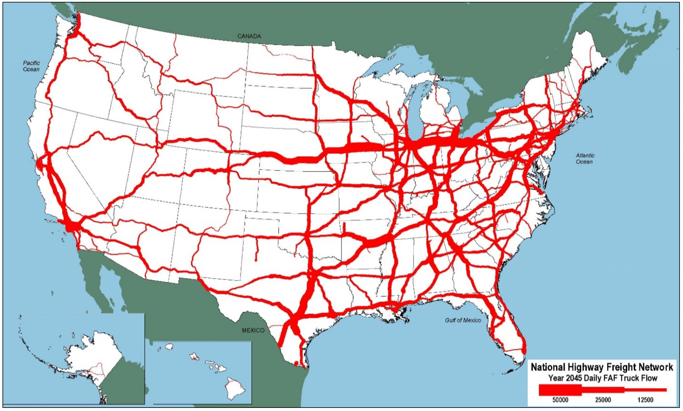 An outline map of the 48 contiguous States and insets for Alaska and Hawaii show projected long haul truck flows per day on the NHFN in 2045. Truck volume is indicated by line thickness for 60,000 trucks per day, 25,000 trucks per day, and 12,500 trucks per day. Truck volume is projected to increase overall across all Interstates. The heaviest volume is projected to remain the region that includes the East Coast and Midwest States, as well as southern States and California. 