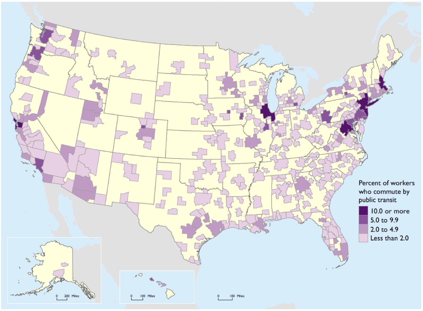 A map of the United States is shown, with census areas shaded in according to the percentage of workers who commute via public transit in metro areas. Most metro areas have less than 4.9 percent of commuters using public transit. A few metro areas have more than 10 percent of commuters using public transit, such as in the San Francisco bay area, Chicago, and New York City. Source: U.S. Department of Commerce, Census Bureau, 2010-2014 American Community Survey 5-Year Estimates, available at www.census.gov/acs as of March 2016.