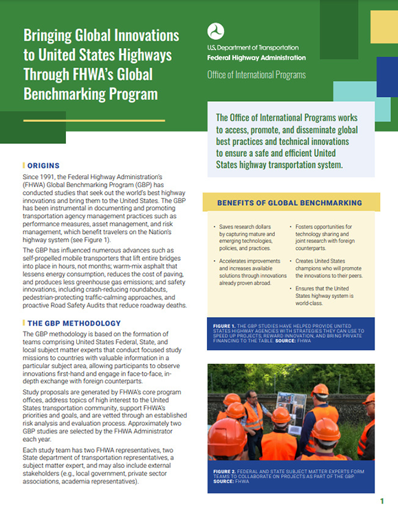 Brochure cover for FHWA's Global Benchmarking Program. The design features relevant imagery such as global connections, diverse transportation modes, and collaboration symbols. Inside, find information on benchmarking practices, international insights, and the program's contributions to enhancing transportation systems globally.