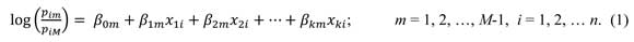 The expression log open parenthesis begin fraction begin numerator begin italic p begin subscript i m end subscript end italic end numerator over begin denominator begin italic p begin subscript i begin uppercase M end uppercase end italic end subscript end denominator end fraction close parenthesis end expression is equal to begin Greek beta end Greek begin subscript 0 m end subscript addition operator begin Greek beta end Greek begin subscript 1 m end subscript begin Greek chi end Greek begin subscript 1 i end subscript addition operator begin Greek beta end Greek begin subscript 2 m end subscript begin Greek chi end Greek begin subscript 2 i end subscript addition operator begin Greek beta end Greek begin subscript k m end subscript begin Greek chi end Greek begin subscript k i end subscript; m is equal to 1, 2, ellipsis begin uppercase M end uppercase minus operator 1, i is equal to 1, 2, ellipsis n.