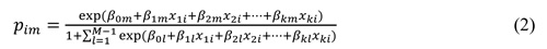 The expression begin italic p begin subscript i m end subscript end italic end expression is equal to begin fraction begin numerator exp open parenthesis begin Greek beta end Greek begin subscript 0 m end subscript addition operator begin Greek beta end Greek begin subscript 1 m end subscript begin Greek chi end Greek begin subscript 1 i end subscript addition operator  begin Greek beta end Greek begin subscript 2 m end subscript begin Greek chi end Greek begin subscript 2 i end subscript addition operator ellipsis begin Greek beta end Greek begin subscript k m end subscript begin Greek chi end Greek begin subscript k i end subscript close parenthesis end numerator over begin denominator 1 addition operator summation symbol begin index from l is equal to 1 to begin uppercase M end uppercase subtraction operator 1 end index exp open parenthesis begin Greek beta end Greek begin subscript 0 l end subscript addition operator begin Greek beta end Greek begin subscript 1 l end subscript begin Green chi end Greek begin subscript 1 l end subscript addition operator begin Greek beta end Greek begin subscript 2 l end subscript begin Green chi end Greek begin subscript 2 l end subscript addition operator ellipsis addition operator begin Greek beta end Greek begin subscript k l end subscript begin Green chi end Greek begin subscript k i end subscript close parenthesis end denominator end fraction.