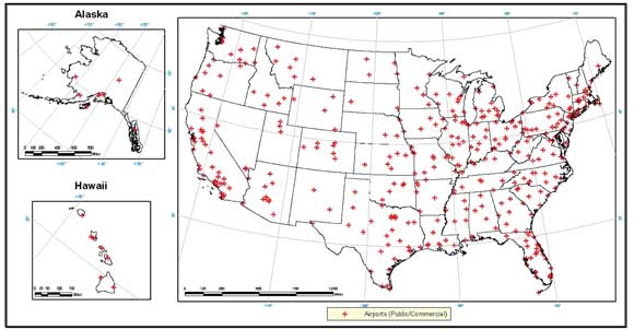 An outline map of the contiguous United States and insets for Alaska and Hawaii show locations of public and commercial airports. There is a heavier concentration of airports along the East Coast and into the Midwestern states, in Texas, and along the Pacific Coast. A few airports are located along the southern boundary of Alaska, and a few are scattered across Hawaii.