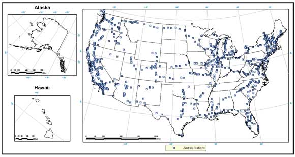 An outline map of the contiguous United States and insets for Alaska and Hawaii show locations of railroad stations served by Amtrak. There is a heavier concentration of stations along the East Coast, along the Great Lakes, along the Gulf Coast, and along the Pacific Coast. Several populate a corridor along the Canadian border from North Dakota to Washington, and a corridor from Oklahoma through central Texas.