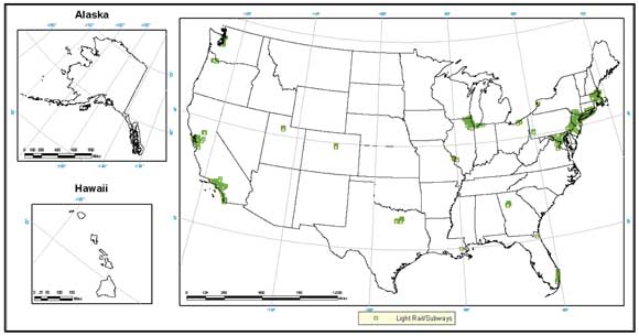 An outline map of the contiguous United States and insets for Alaska and Hawaii show locations of light rail stations. There is a heavier concentration of stations along the East Coast from Massachusetts to Maryland, in the Chicago area, and along the Pacific Coast in southern and central California.